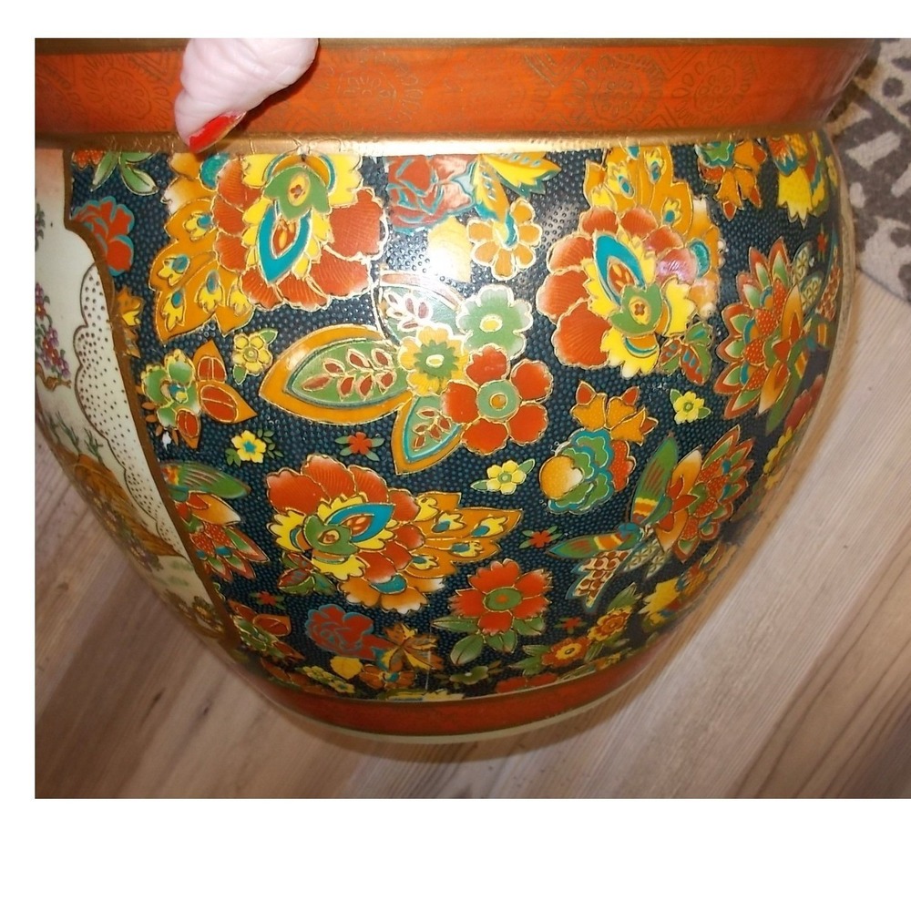 Vintage Satsuma Style Porcelain Fishbowl Planter Geisha Koi Fish Gold Gilt Large